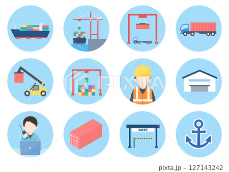 コンテナターミナルでの仕事に関連するアイコンのセット コンテナターミナルでの仕事に関連するアイコンのセット 127143242