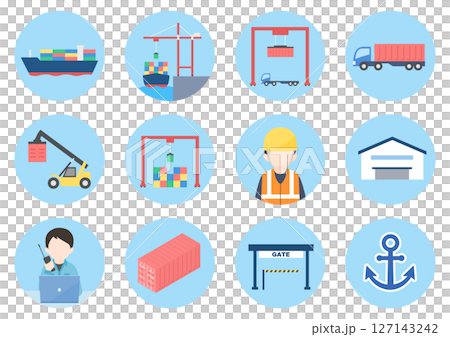 コンテナターミナルでの仕事に関連するアイコンのセット コンテナターミナルでの仕事に関連するアイコンのセット 127143242