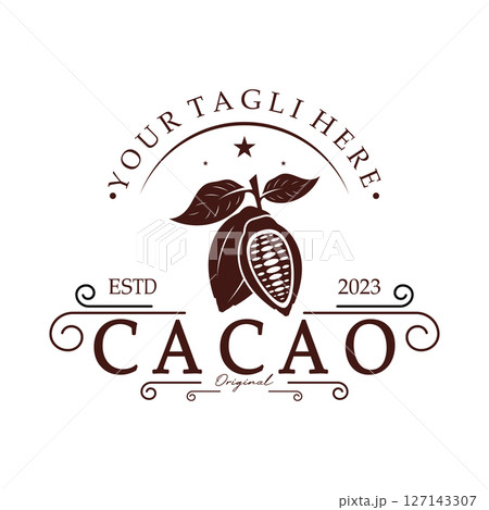 cocoa logo,cocoa bean,cocoa tree,cocoa branches and leaves,chocolate mix on white background,vintage,modern,simple,minimalist icon illustration template design vector 127143307