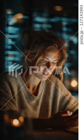 夜のオフィスでスマートフォンを見つめる女性エンジニア 127143993