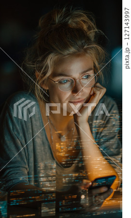 夜のオフィスでスマートフォンを見つめる女性エンジニア 127143997