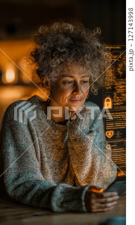 夜のオフィスでスマートフォンを見つめる女性エンジニア 127143998