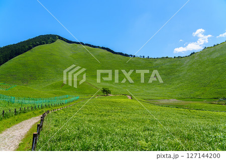 初夏の曾爾高原　お亀池北側の遊歩道から見た高原の山並みに囲まれた緑溢れる草原とお亀池➅ 127144200