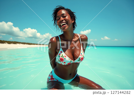 Joyful woman in a floral bikini at the beach. 127144282