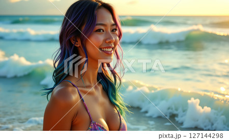 Joyful woman at the beach. Joyful woman at the beach. 127144298