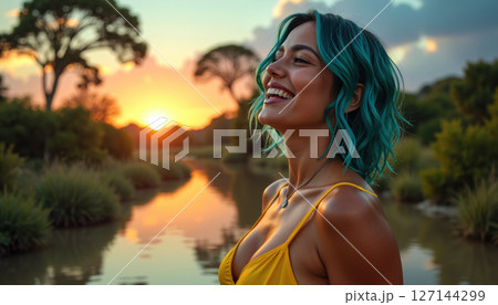 A smiling woman with blue hair by a lake at sunset. 127144299