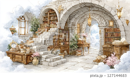 雲に浮かぶ知と魔法の幻想図書空間 127144683