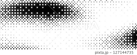 Pixelated bitmap texture cover. Black dithered pattern wallpaper. Abstract glitch gradient pattern. Wide rasterized halftone screen backdrop. 8 bit video game background. Vector overlay 127144735