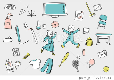中学校・高校の学校生活アイコンセット手描き風イラスト 127145033
