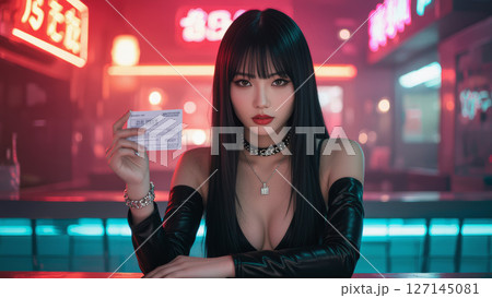 ネオン輝く夜のダイナーで請求書を手にするレザージャケットの女性 127145081