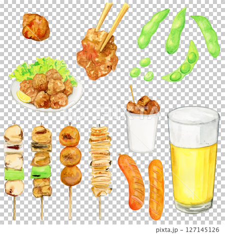 手描き水彩の美味しそうなつまみとビールのセットイラスト 127145126