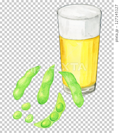手描き水彩の枝豆とビールグラスのイラスト 127145127