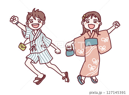 浴衣と甚平を着て張り切っている男女の子供のイラスト 127145391