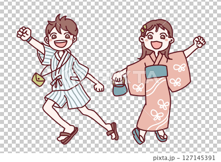 浴衣と甚平を着て張り切っている男女の子供のイラスト 127145391