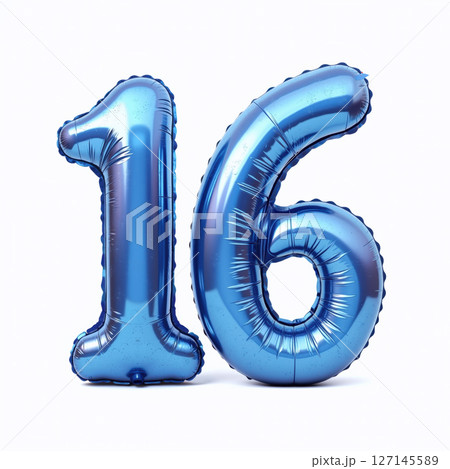 Shiny blue balloons form the number 16. 127145589