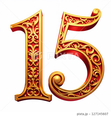 Ornate gold number 15 on white background. Ornate gold number 15 on white background. 127145607