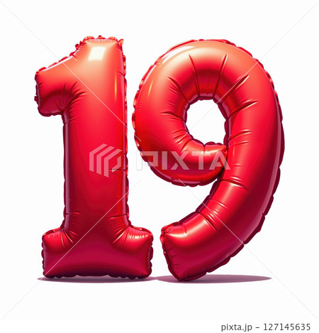 Red balloon number nineteen on white background. 127145635