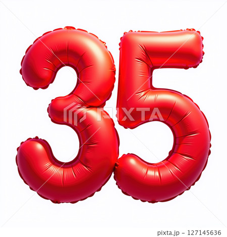 Red balloons forming number 35 on white background. 127145636