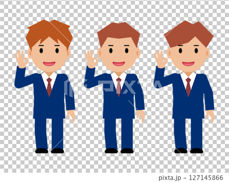 笑顔でOKサインを出す紺色スーツの若い男性 笑顔でOKサインを出す紺色スーツの若い男性 127145866