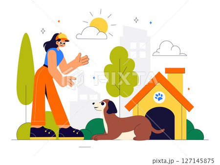 Dogs Training Center at Playground with Instructor Teaching Pets to Perform Tricks and Various Jumping Skills in a Flat Style Cartoon Background Dogs Training Center at Playground with Instructor Teaching Pets to Perform Tricks and Various Jumping Skills in a Flat Style Cartoon Background 127145875