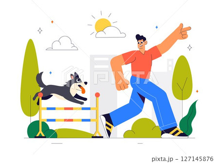 Dogs Training Center at Playground with Instructor Teaching Pets to Perform Tricks and Various Jumping Skills in a Flat Style Cartoon Background Dogs Training Center at Playground with Instructor Teaching Pets to Perform Tricks and Various Jumping Skills in a Flat Style Cartoon Background 127145876