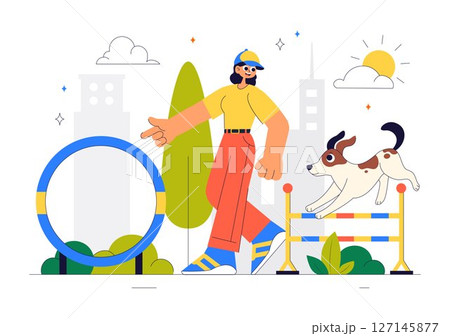 Dogs Training Center at Playground with Instructor Teaching Pets to Perform Tricks and Various Jumping Skills in a Flat Style Cartoon Background Dogs Training Center at Playground with Instructor Teaching Pets to Perform Tricks and Various Jumping Skills in a Flat Style Cartoon Background 127145877