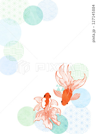 和柄玉と琉金の残暑見舞いはがき、縦、かわいい、夏、イラスト、和風 127145884