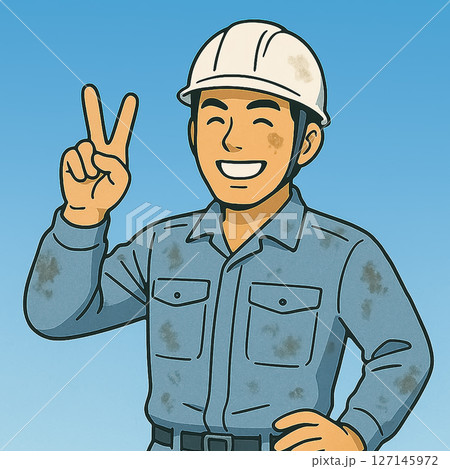 笑顔でピースする男性作業員 127145972