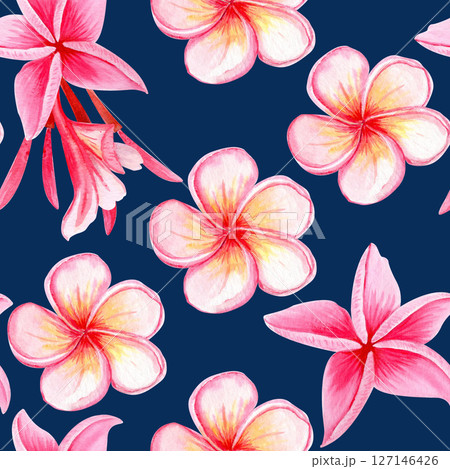 Pink plumeria flower seamless pattern on dark blue. Hand painted in watercolor. Ideal for spa branding, tropical packaging, summer wedding decor, textile design, botanical illustrations. Bright summer 127146426