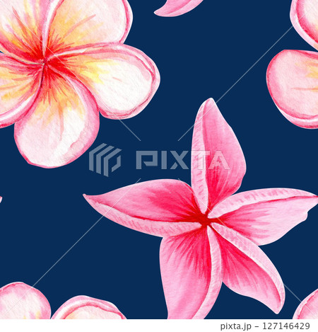 Pink plumeria flowers seamless pattern. Hand painted in watercolor. Ideal for spa branding, tropical packaging, summer wedding decor, textile design, greeting cards, botanical illustrations. Bright 127146429