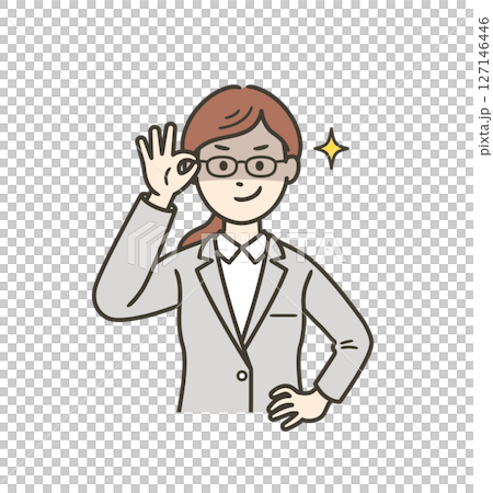 一名身穿西裝的年輕女子舉起眼鏡,狡猾地一笑。 一名身穿西裝的年輕女子舉起眼鏡,狡猾地一笑。 127146446