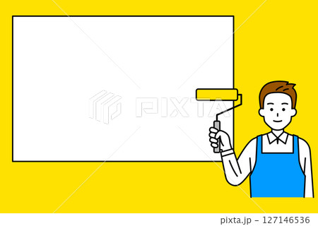 ペイントローラーを持っているエプロン姿の男性とホワイトボード ペイントローラーを持っているエプロン姿の男性とホワイトボード 127146536