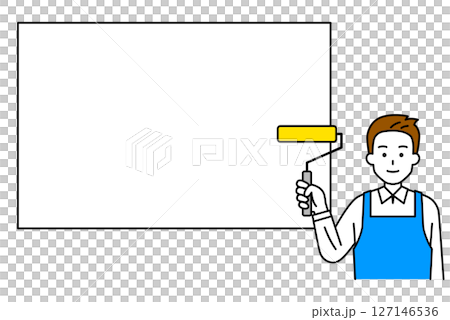 一名男子穿著圍裙，手裡拿著油漆滾筒和白板 127146536