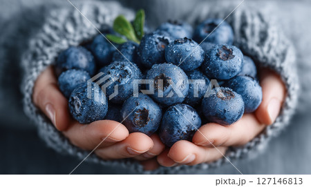 Handful ripe blueberries held gently in open palms, fresh juicy fruit with water droplets, cozy sweater background 127146813