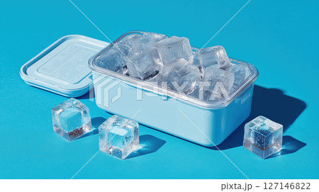 Ice box ice cube blue background plastic container cold frozen storage freshness summer chill Ice box filled with ice cubes blue background 127146822