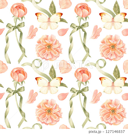 Peonies, butterfly, petals, and green ribbon watercolor seamless pattern on white. Hand-painted in soft pastel tones. Ideal for wedding stationery, branding, textiles, packaging, feminine design Peonies, butterfly, petals, and green ribbon watercolor seamless pattern on white. Hand-painted in soft pastel tones. Ideal for wedding stationery, branding, textiles, packaging, feminine design 127146837