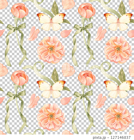 Peonies, butterfly, petals, and green ribbon watercolor seamless pattern on white. Hand-painted in soft pastel tones. Ideal for wedding stationery, branding, textiles, packaging, feminine design Peonies, butterfly, petals, and green ribbon watercolor seamless pattern on white. Hand-painted in soft pastel tones. Ideal for wedding stationery, branding, textiles, packaging, feminine design 127146837