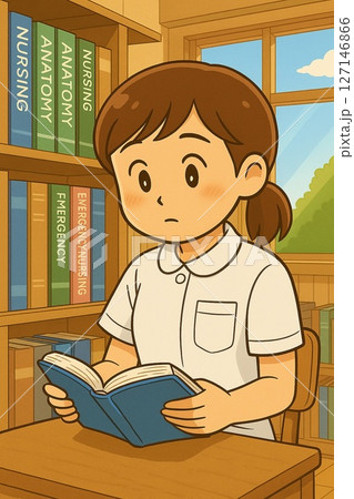 図書室で文献を探す看護学生ハンナのイラスト 127146866