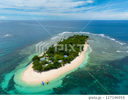 Airborne platforms island with white Beach. San Victor Island. Mindanao, Philippines. Travel and summer concept. 127146956