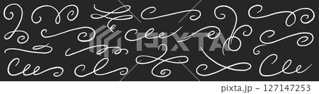 Chalk ornament flourish swirl calligraphy set. Hand drawn chalkboard divider, swirl curve, elegant banner and pencil frame menu. Flourish decoration, swoosh tail, vintage scroll. Vector 127147253