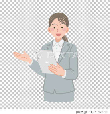 一位女商人用平板電腦解釋 127147688