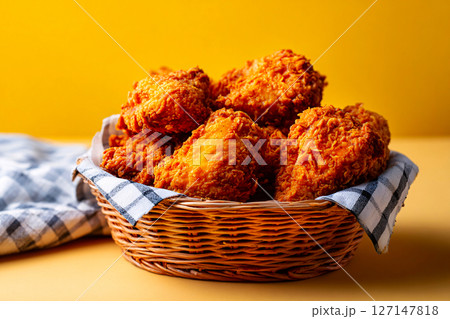 Tempting fried chicken in a rustic nook, pastel yellow background, styled with warm golden radiance 127147818
