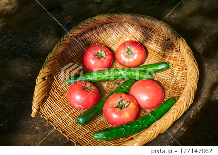 沢の水で夏野菜を冷やす 127147862