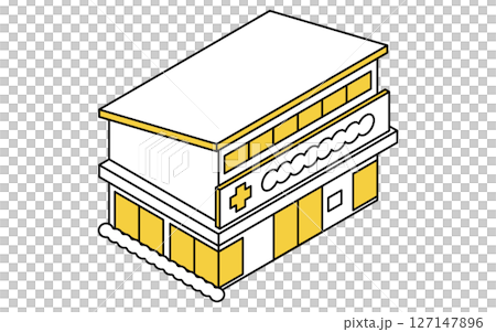 街の小さなクリニックのシンプルな線画アイソメトリックイラスト 127147896