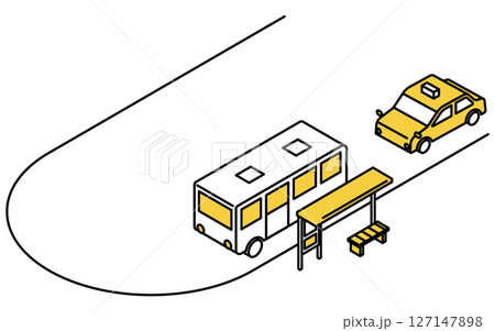 バス停のあるロータリーにバスとタクシーが停車しているシンプルな線画アイソメトリックイラスト バス停のあるロータリーにバスとタクシーが停車しているシンプルな線画アイソメトリックイラスト 127147898
