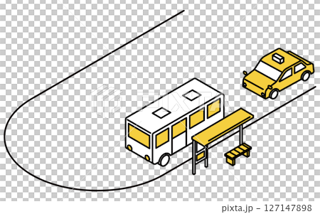 バス停のあるロータリーにバスとタクシーが停車しているシンプルな線画アイソメトリックイラスト バス停のあるロータリーにバスとタクシーが停車しているシンプルな線画アイソメトリックイラスト 127147898