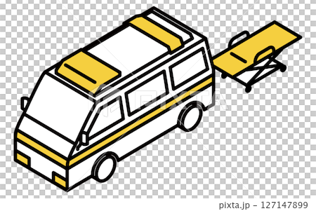 Simple line drawing isometric illustration of an ambulance and a stretcher 127147899