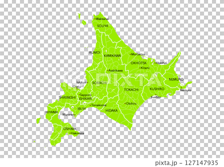 [英文] 日本北海道主要城市地圖（含地名）（地圖以線標示城市、町、村、地區劃分） 127147935