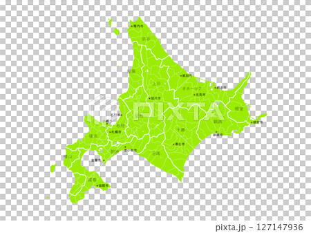 標示地名的地圖，例如日本北海道的主要城市（標有市町村和區域劃分的線條地圖） 127147936