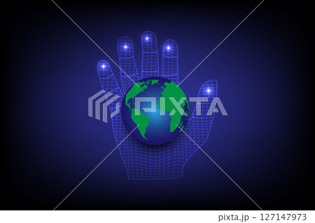 The globe is placed on a high tech hand-woven net of bright light on a dark blue background 127147973
